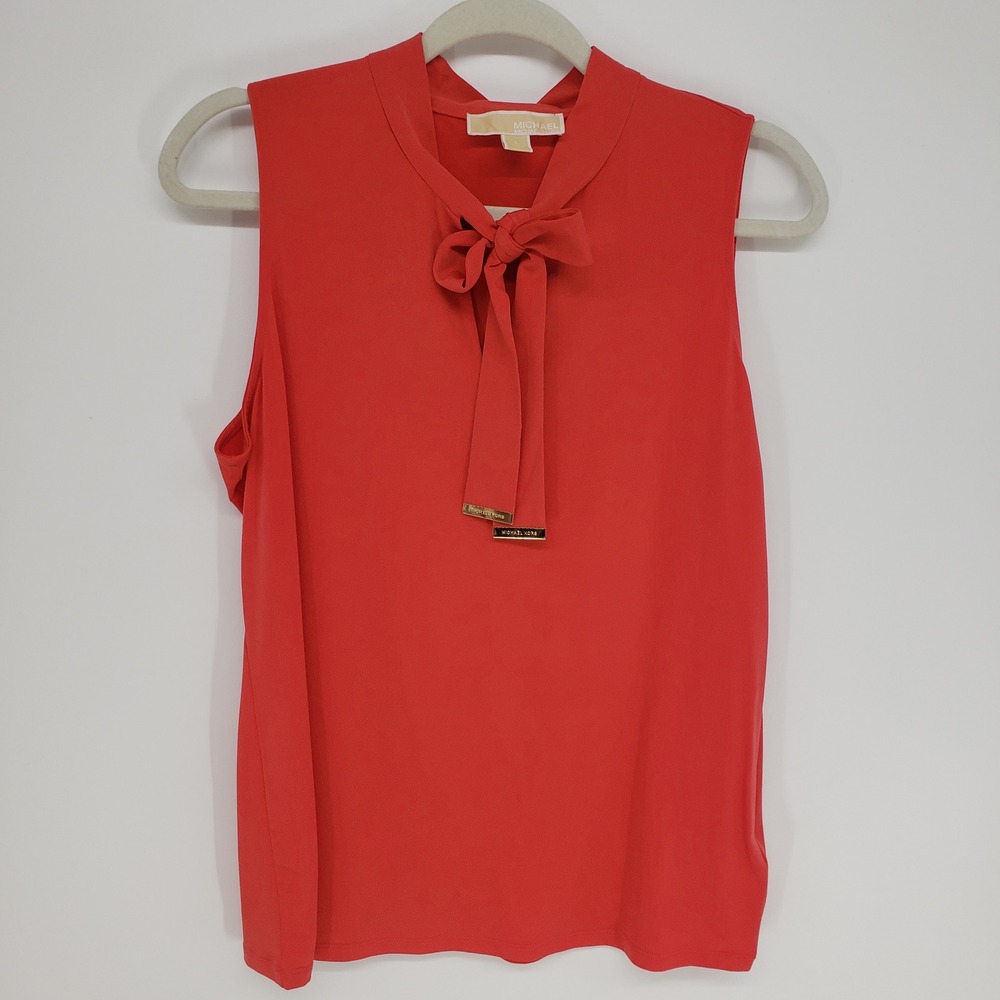 Michael Kors Tie Neck Sleeveless Blouse Top Women Size L Orange Gold Hardware